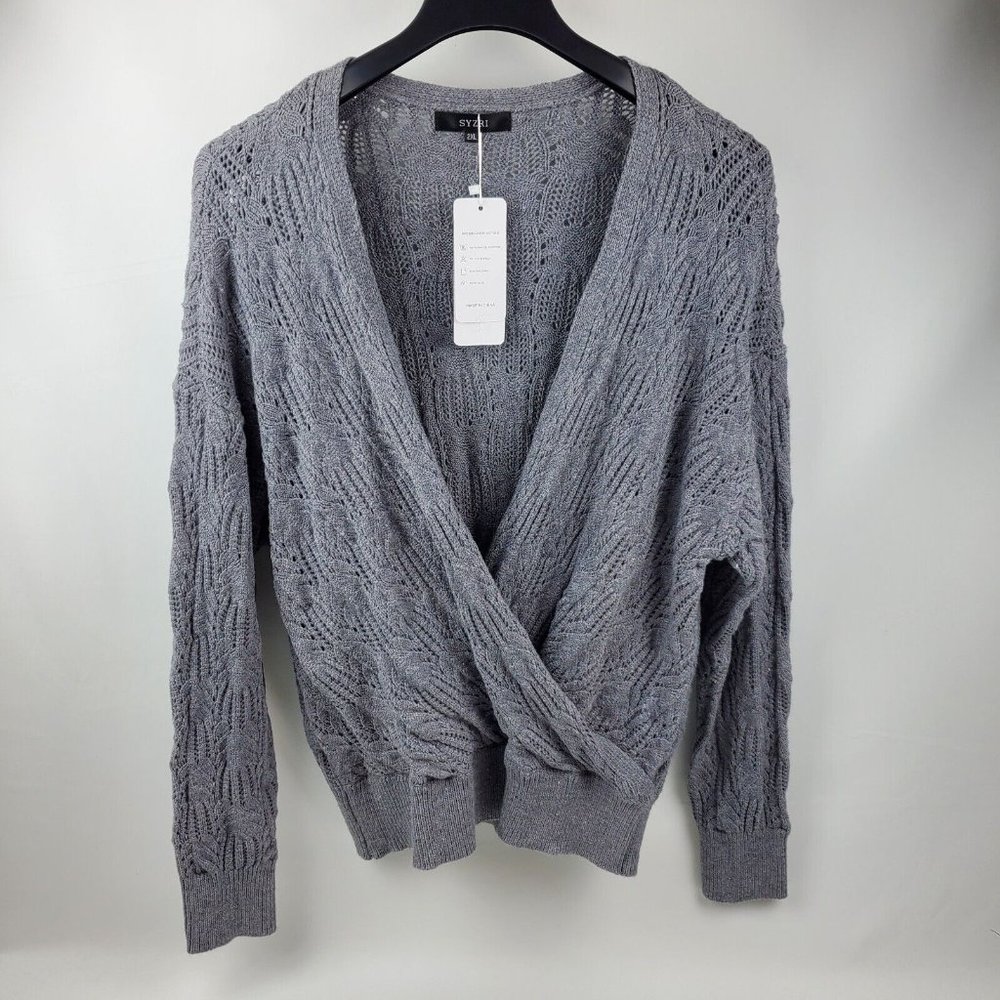 SYZRI Womens Sweater Long Sleeve Crochet Knit Low Cut V-Neck Pullover Gray 2XL